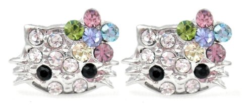 X-small 1/4" Kitty Stud Earrings w/ Rainbow Multicolor Flower Bow