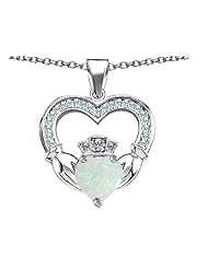 Celtic Love by Kelly (tm) Hands Holding 8mm Crown Heart Claddagh Pendant with Created Opal in 925 Sterling Silver