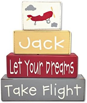 Personalized airplane, baby nursery decor, let your dreams take flight, primitive stacking wood sign blocks by Apple Jack Designs