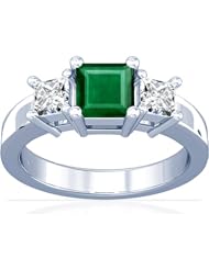 14K White Gold Princess Cut Emerald Three Stone Ring