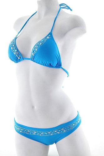 Aqua Triangle Top and Low Rise Bottom Rhinestone Detail Bikini Set (Medium)
