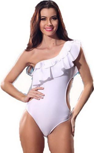 Piece swimsuit chest pad steel care little sexy swim dress flouncing shoulder White XL