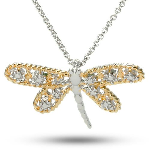 Gold Colored Dragonfly Charm Cubic Zirconia CZ Sterling Silver Animal Necklace