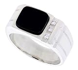 Sterling Silver Gents' Rectangular Black Onyx Ring, w/ 2 Light Grooves At each Side & 3 CZ Stones, 3/8 (10mm) wide
