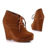 Damen Schuhe, STIEFELETTEN, KEIL WEDGES ANKLE BOOTS, SD12-E09, Synthetik in hochwertiger Velour Leder Optik, Camel, Gr 36