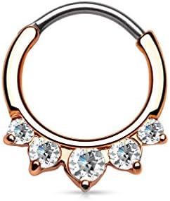 16G Five Clear CZ Gem Rose Gold Round Septum Clicker