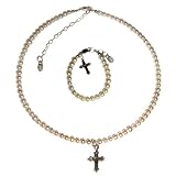 Sterling Silver Children's First Communion Bracelet and Necklace Set for Girls with Freshwater Pearls and Silver Cross in Heart Gift Box, 6-11 years (Necklace 12-14 and Bracelet 6 - 6.5 adjustable)