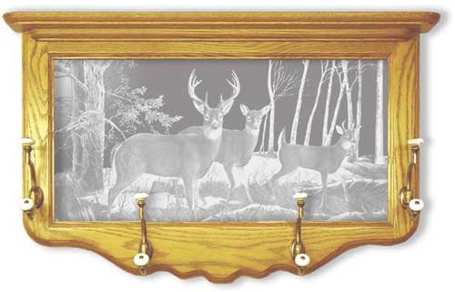 Oak Wall Coat Rack With Deer Hunting Etched Mirror - Deer Hunting Decor - Unique Deer Hunting Gift Ideas - Fully Assembled - 30'' w x 18'' h Image Oak Wall Coat Rack With Deer Hunting Etched Mirror - Deer Hunting Decor - Unique Deer Hunting Gift Ideas - Fully Assembled - 30'' w x 18'' h