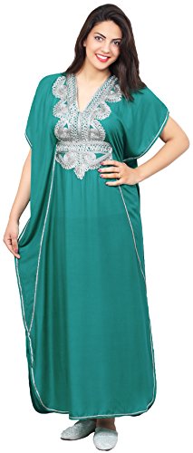 Moroccan Caftan Handmade Cotton Silver Hand Embroidery Fits Small To Large Soft Teal