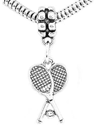 Sterling Silver One Sided Tennis Racket with Ball Dangle Bead Charm