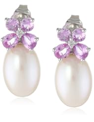 10k White Gold Sapphire, Freshwater Cultured Pearl and Diamond Earrings (0.03 cttw GH, Color, I2-I3 Clarity)