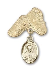 14K Gold Baby Badge with Scapular Charm and Baby Boots Pin