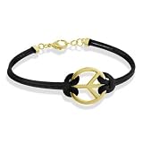 18k Gold over Silver Peace Sign and Black Leather Bracelet