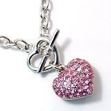 Silver with Pink Crystal Rhinestones Heart Charm Chain Pendant Necklace Fashion Jewelry