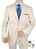 Bianco Brioni Made in Italy Cotton Stretch Mens Suit Modern 2 Button Jacket Ticket Pocket Flat Front Pants Tan