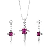 Sterling Silver Princess Cut Ruby Pendant Earrings and 18 inch Necklace Set