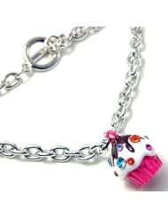 Adorable Small Juicy Inspired Dark Pink Cupcake w/ Frosting and Sparkling Rainbow Crystal Sprinkles Charm Bracelet