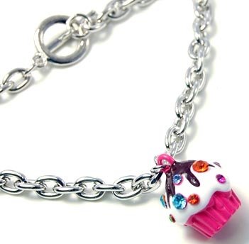 Cheap Girls Jewelry Adorable Small Juicy Inspired Dark Pink Cupcake w/ Frosting and Sparkling Rainbow Crystal Sprinkles Charm Bracelet For Sale