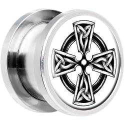 00 Gauge Steel Black And White Celtic Cross Screw Fit Plug