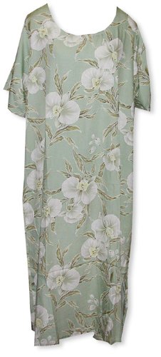 Round Neck Long Dress - White Orchid Hawaiian Aloha Caftan/Kaftan Style Evening Dress in Green - 2X Plus