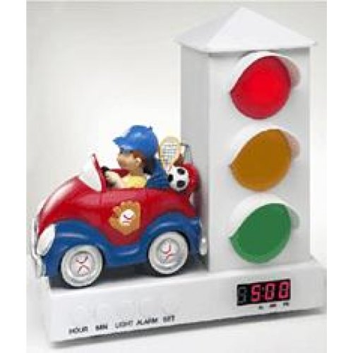Stoplight Sleep improved clock, red and blue sports car