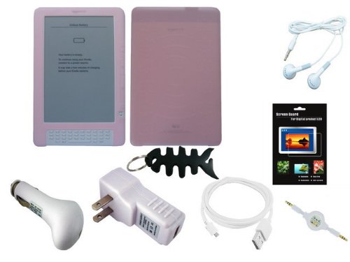 41xNkGXgyuL Premium Accessories Bundle for Amazon Kindle DX Wireless Reading Device (9.7 Display) includes: (Pink Silicone Skin case Cover + USB Car Charger + USB Travel Charger + White USB Straight Data Cable + white 3.5mm retractable Aux cable + LCD Screen Protector + White Stereo earphone + Fishbone Keychain)