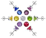 6 MM Round 7 Color Cubic Zirconia .925 Sterling Silver Post Friction Back Stud Earrings Set