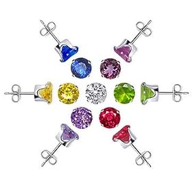 6 MM Round 7 Color Cubic Zirconia .925 Sterling Silver Post Friction Back Stud Earrings Set