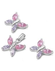 Sterling Silver Nature Butterfly Pendant with Earrings Jewelry Set with Lavender, Pink, and Clear CZ