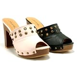 New Womens Clogs Mules Studded Wooden Heels Platform Shoes Sz 3-8