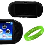 VanGoddy Sony PlayStation Vita Gaming Accessories Presents Our Durable Slip-On PSVita Granite Black Silicone Skin + VanGoddy LIVE * LAUGH * LOVE Wristband