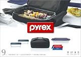 Pyrex Portable 9 piece black double decker set includes 1-each 3qt oblong, red plastic cover, black carrier, 2-each 6 cup rectangle dish, red plastic cover, large unipack