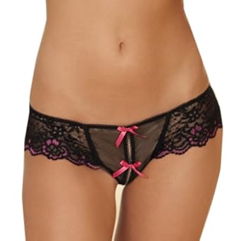 Sexy Black Crotchless Lace Thong Sheer with Pink Trim and Bows