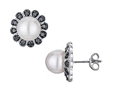 Freshwater White Pearl 8mm and Black Diamond Earrings 1/3 Carat (ctw) in 14K White Gold