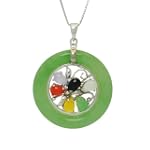 SAVE $35.01 - Sterling Silver Green and Multicolor Jade, Black Onyx Circle Pendant on Chain, 18" $39.99