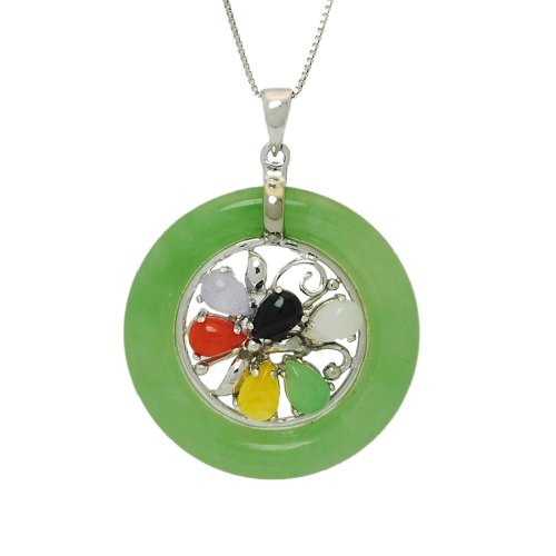 Sterling Silver Green and Multi-Color Jade, Black Onyx Circle Pendant on Chain, 18"