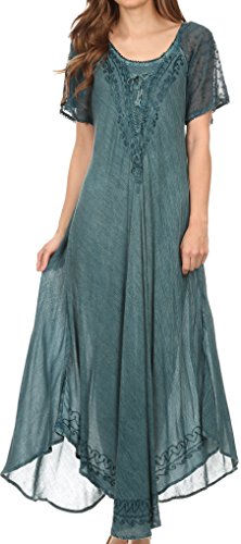 Sakkas 16603 - Egan Long Embroidered Caftan Dress / Cover Up With Embroidered Cap Sleeves - Denim Blue - OS