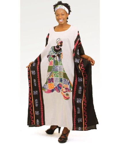 Royal African Lady Caftan Kaftan with Matching Headwrap - Available in Mustard, White with Blue, or White with Green