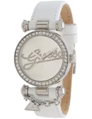 GUESS Womens U0304L1 Iconic Genuine Leather White Watch with Genuine Crystal Accents & Charm Accent