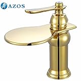AZOS 銅製 金色 洗面用蛇口 バスルーム用混合水栓 手洗い設備 台付 滝型 冷熱水混合水栓 MPDK027-3