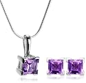 Sterling Silver Amethyst Princess Cut Pendant & Earrings Set
