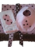 Retro Pink & Chocolate Polka Dot Baby Girl Bib, Burp Cloth & Changing Pad