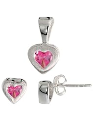 Sterling Silver Matte-finish Heart Earrings (7mm tall) & Pendant (13mm tall) Set, w/ Princess Cut Pink Tourmaline-colored CZ Stones