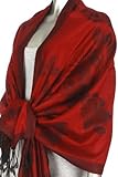 FUPashRose06AG Lightweight Two Tone Rose Floral Design Pashmina Fringe Scarf / Stole / Wrap - Red / Black