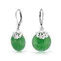 Bling Jewelry Gemstone Green Simulated Jade Disc Earrings Leverback 925 Sterling Silver