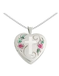 Sterling Silver Cross with Flowers and Leaves Heart Locket Pendant Necklace, 18"