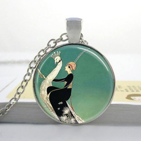 Pretty Lee Hot Glass Dome Jewelry Art Deco Jewelry Woman On White Peacock Emerald Green Peacock Necklace Art Glass Dome Pendant Necklace