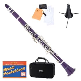 Mendini MCT-P B Flat Purple ABS Clarinet w/ Case, Stand, Mouthpiece, Box of 10 Reeds, Cork Grease, & a Pair of Gloves
