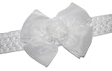 New White Organza Ruffled Flower Hair Bow on Crochet Stretch Headband