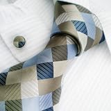 NEW Y&G Designer Hand Made Green Blue Navy White Checks 100% Jacquard Woven Pure Silk Mens Neck Tie and Cuff Links Set 9595